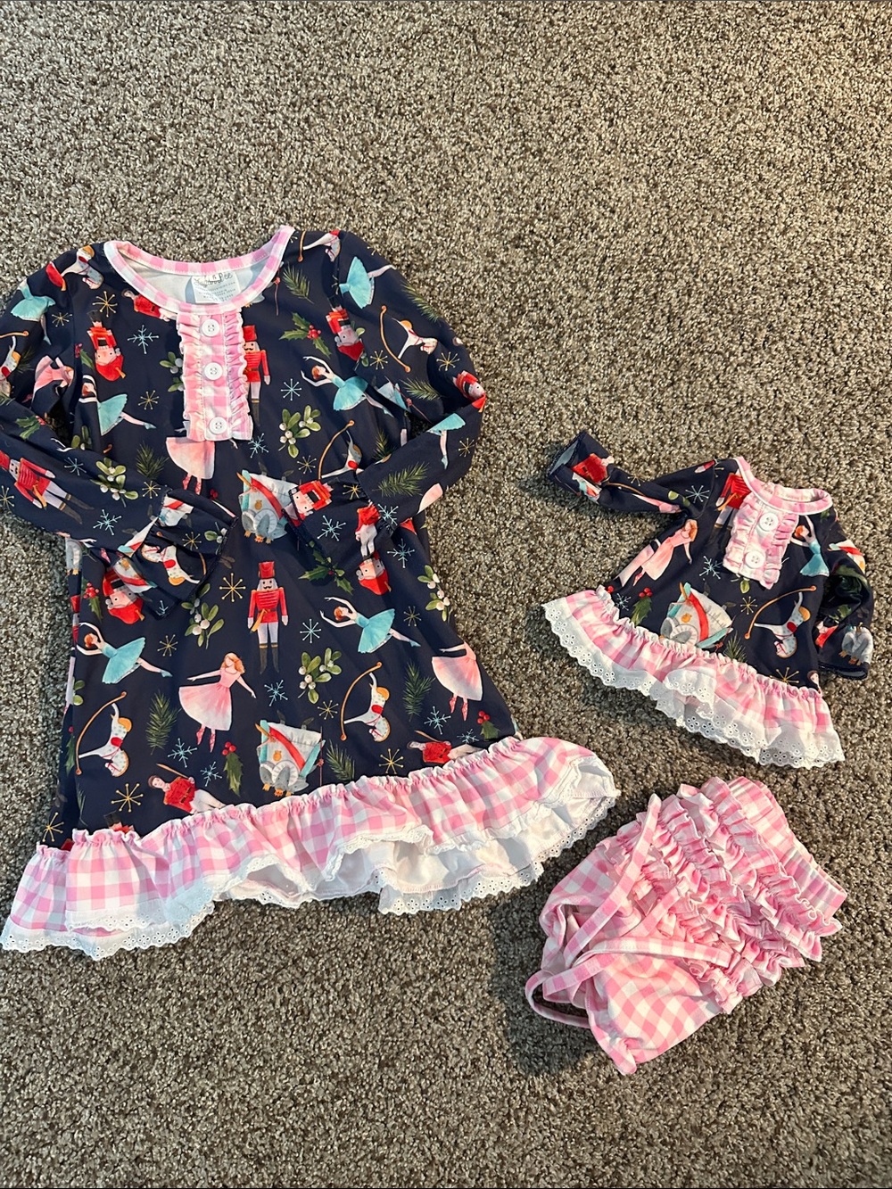 Girls Navy Nutcracker Ballerina Ruffle nightgown with Pink Gingham Trim, shorts